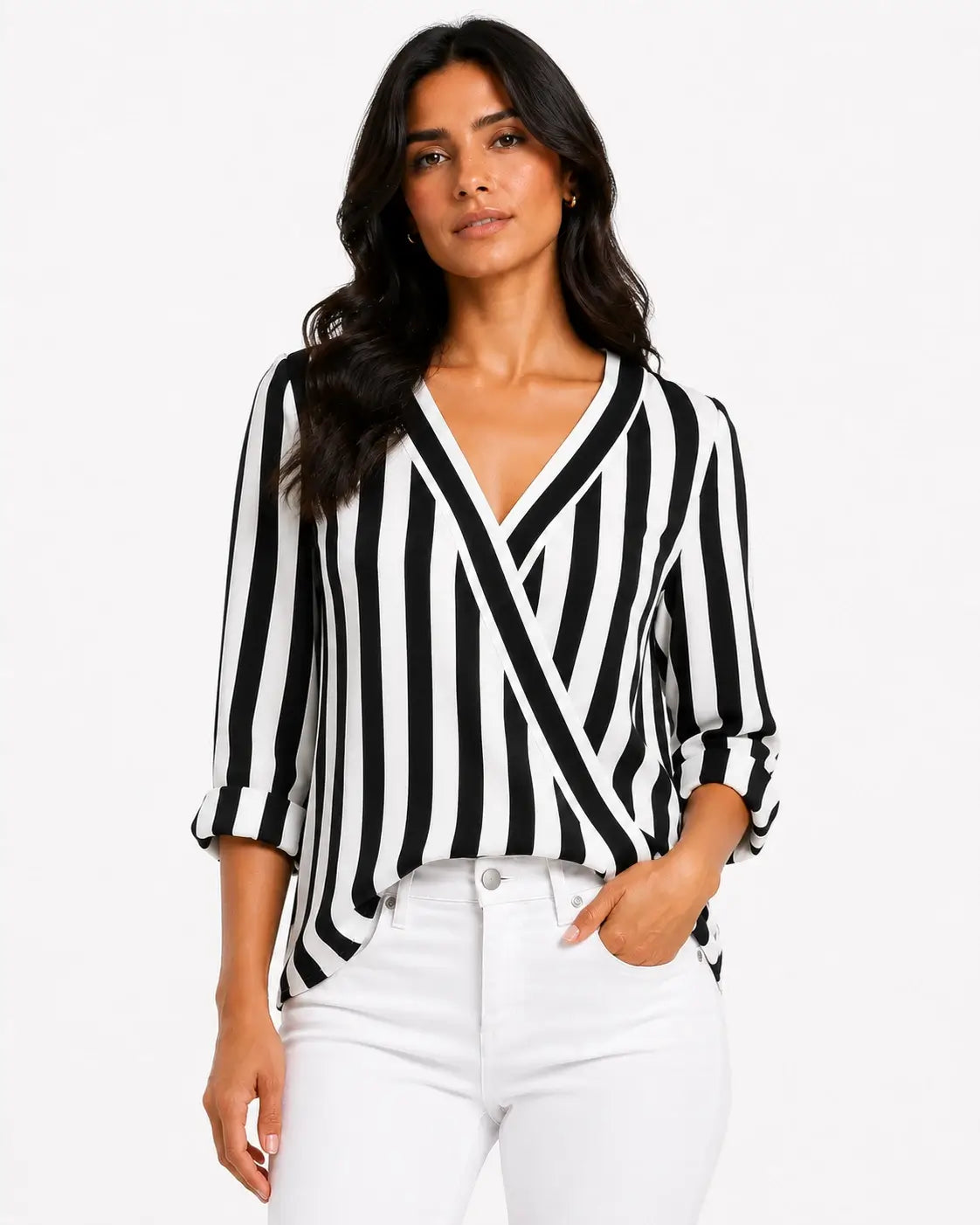 Evordia Líneas - Camisa de Rayas con Cuello V Elegante