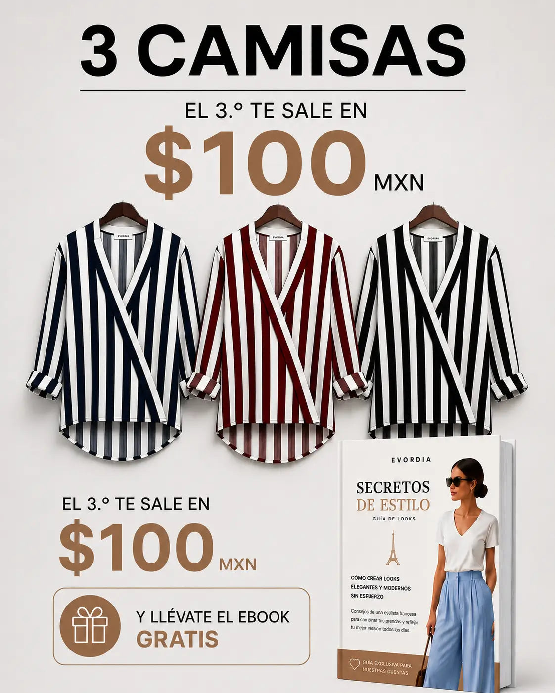 Evordia Líneas - Camisa de Rayas con Cuello V Elegante