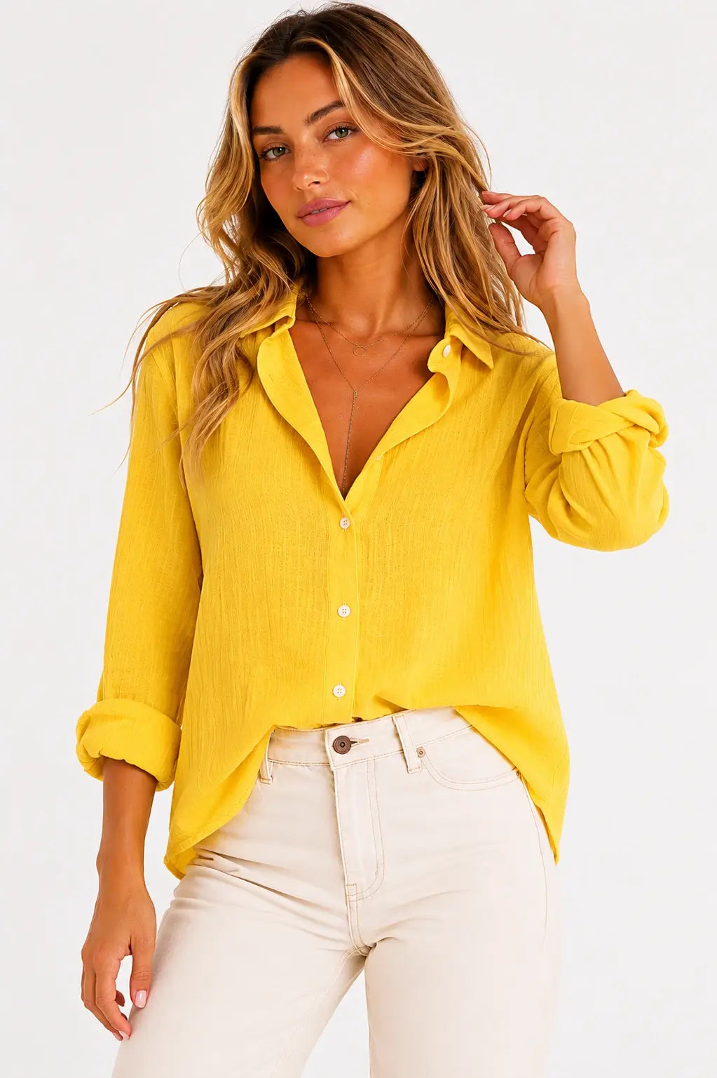Camisa Lino Cuello V Elegante