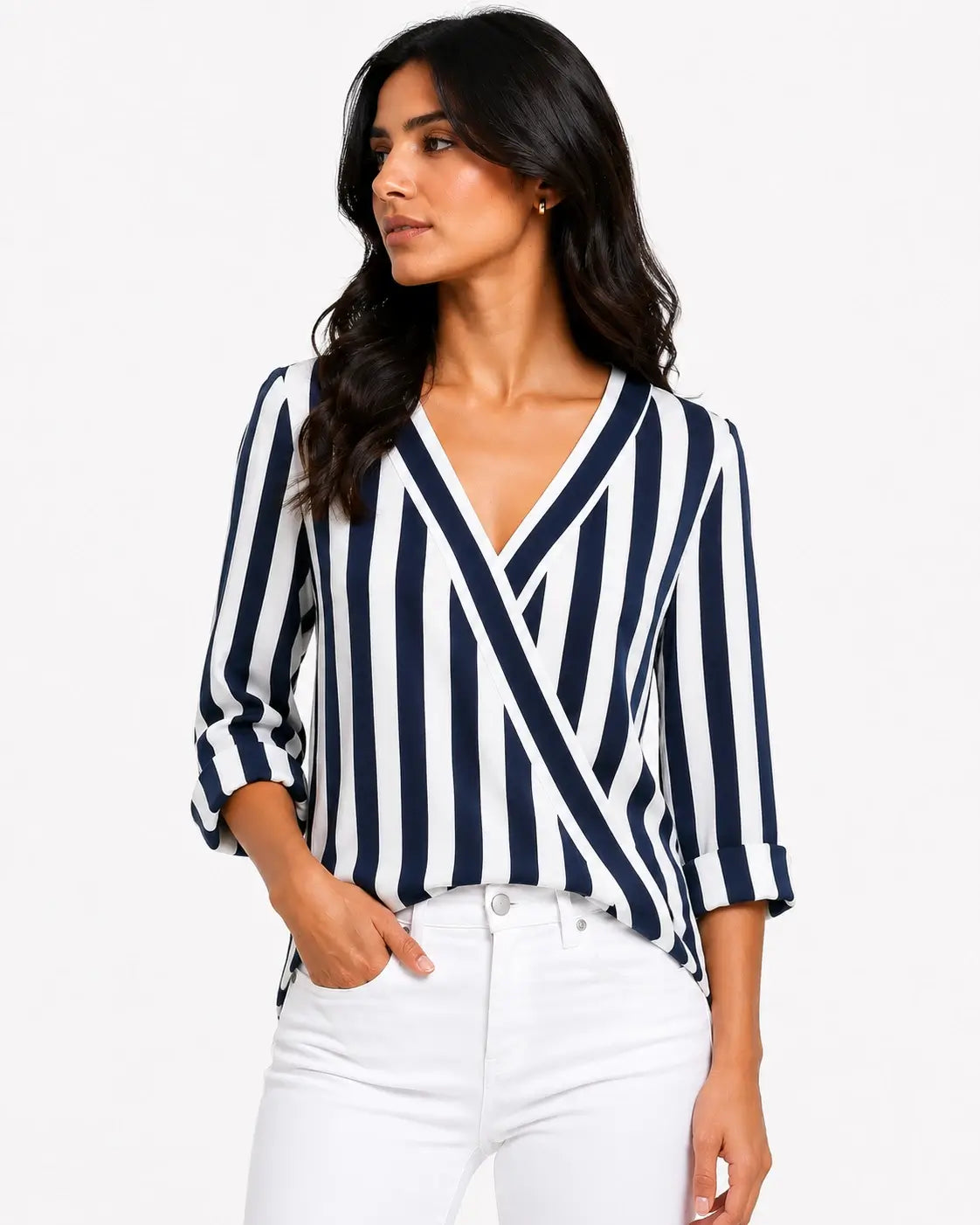 Evordia Líneas - Camisa de Rayas con Cuello V Elegante