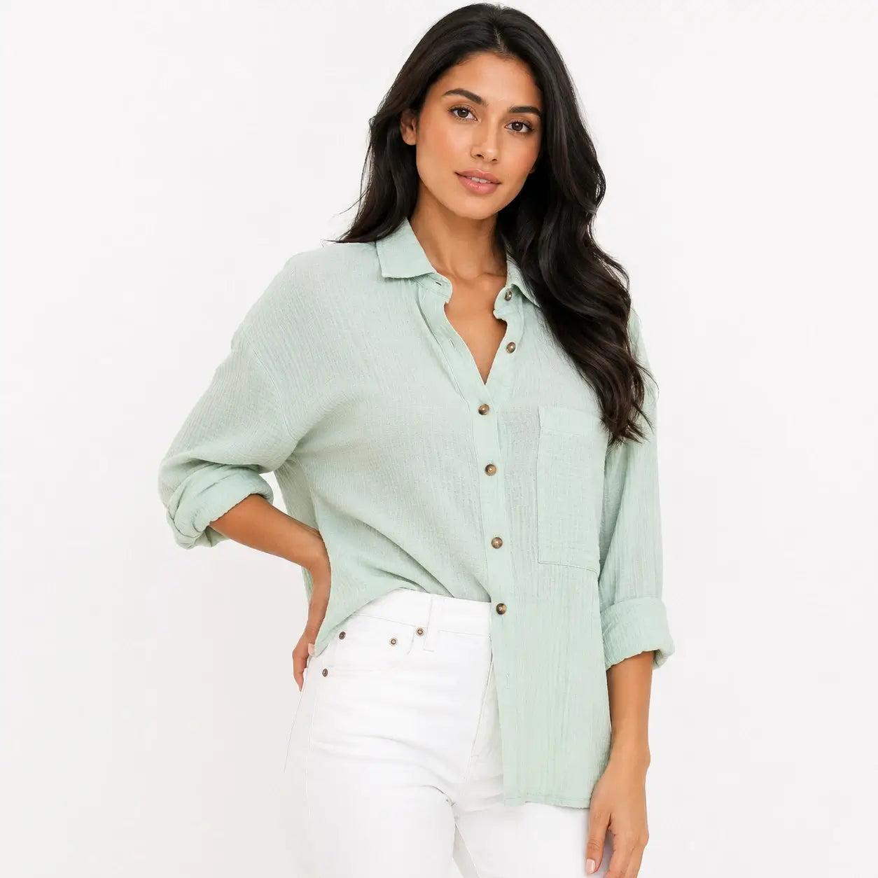 Blusa Suelta Estilo Lino Elegante y Bolsillo Lateral.
