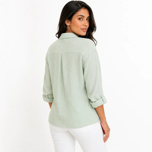 Blusa Suelta de Lino Elegante con Bolsillo Lateral